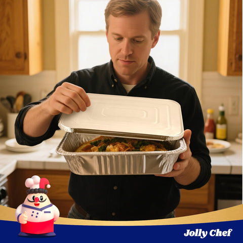 JOLLY CHEF heavy-duty foil pan resists leaks during gatherings