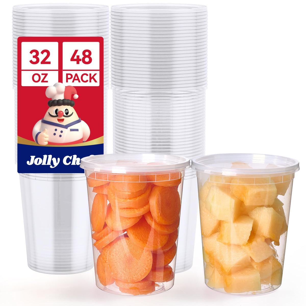 JOLLY CHEF deli containers 32oz stackable with lids for organized kitchen storage.