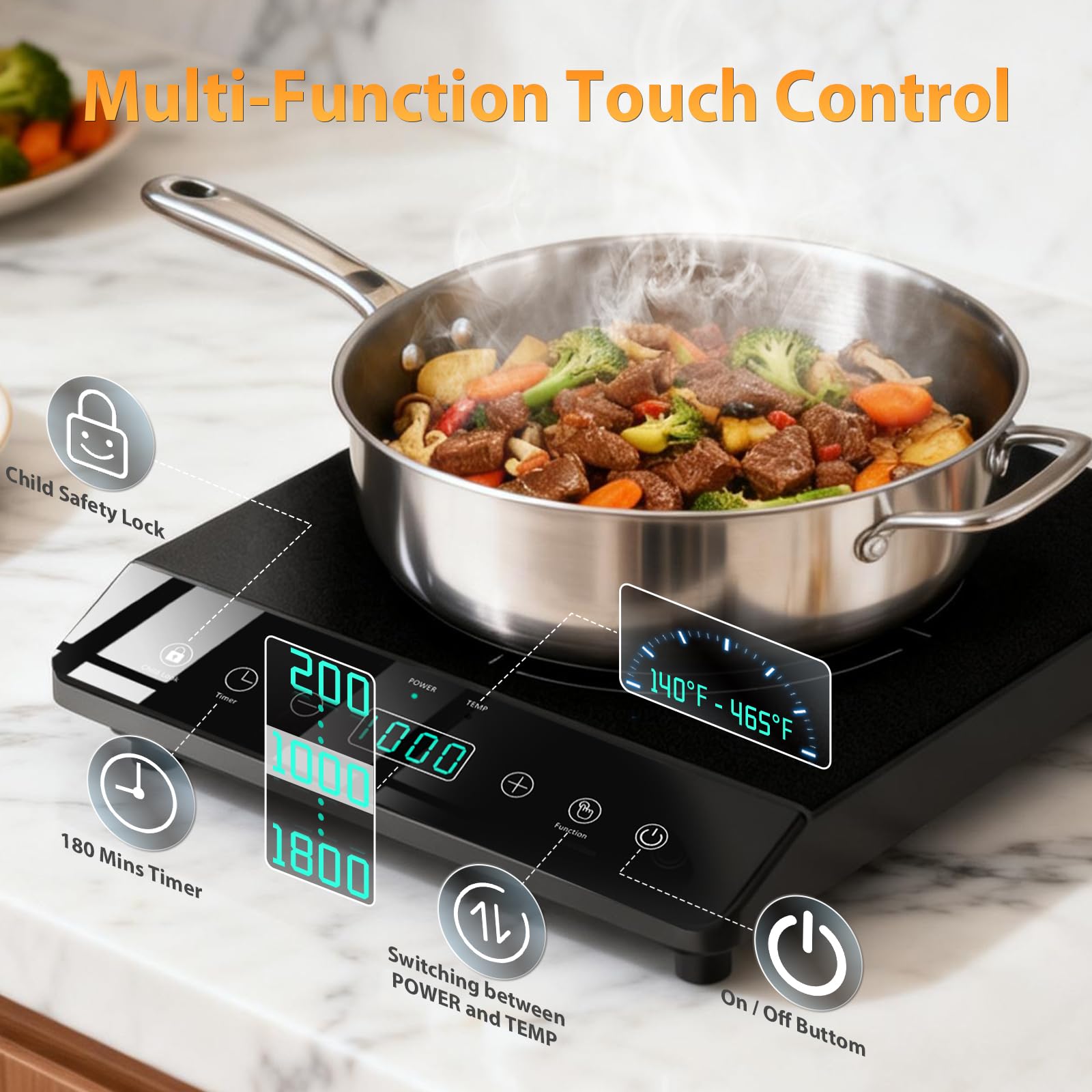 JollyOne 8-inch heating zone enables versatile cookware and rapid heating.