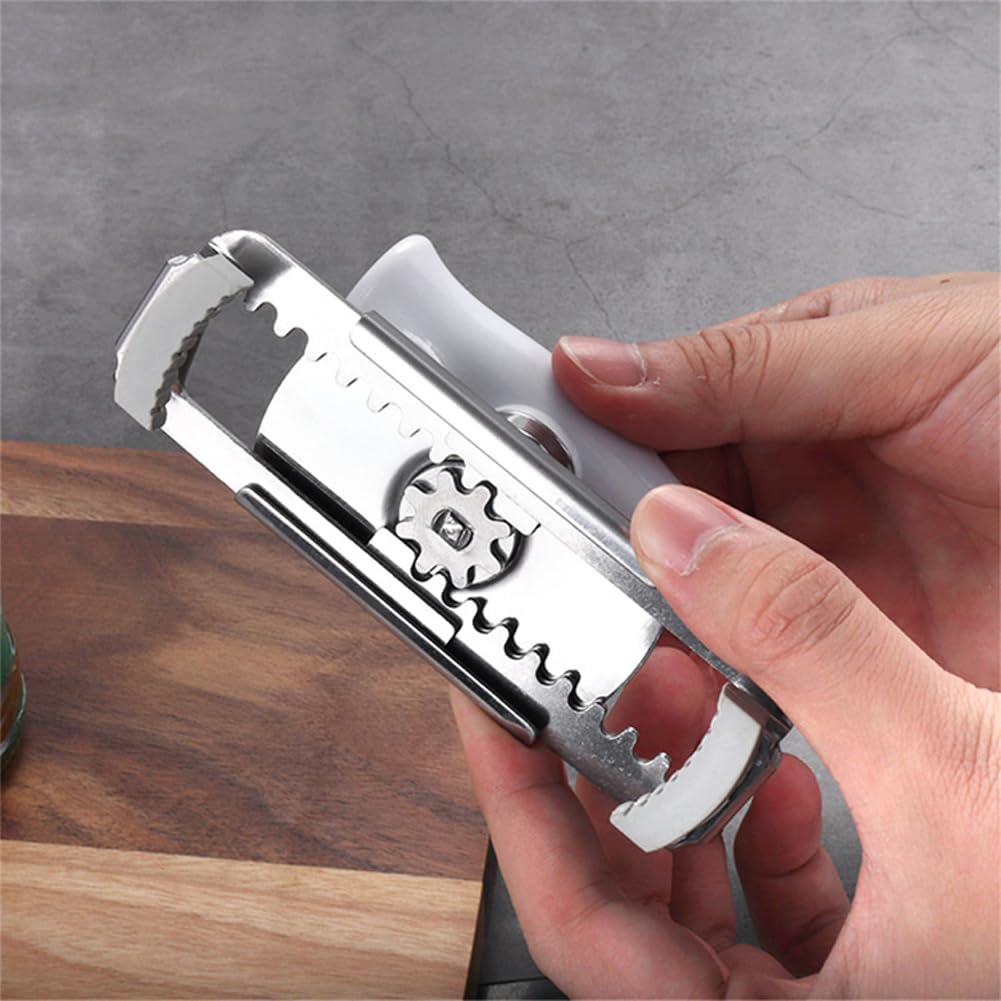Stainless steel jar opener in use on stubborn lid