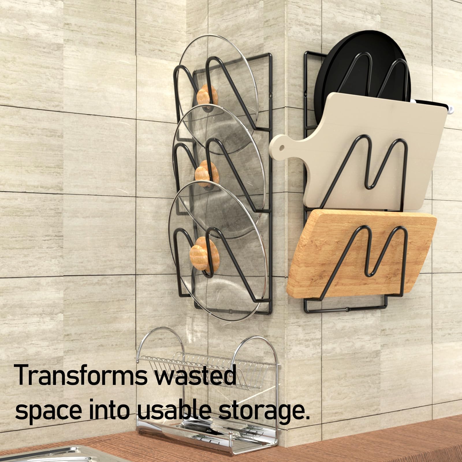 Jomoto black lid organizer with scratch-resistant coating keeps lids looking new.