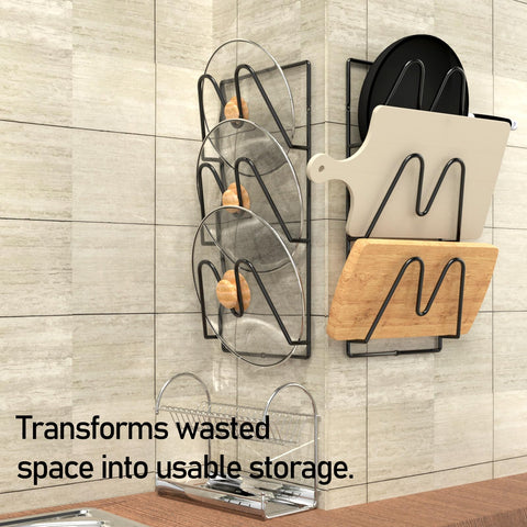 Jomoto black lid organizer with scratch-resistant coating keeps lids looking new.