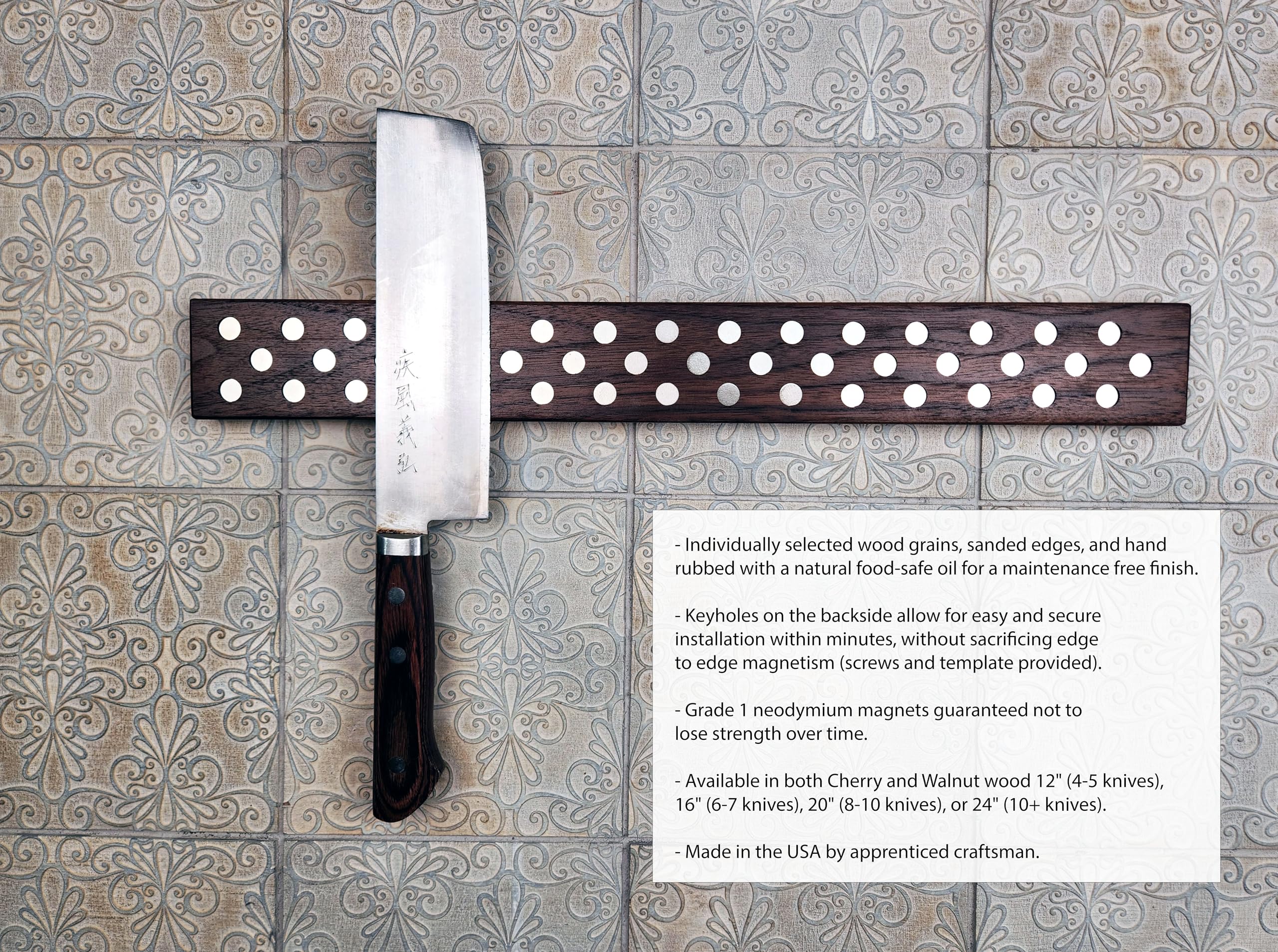 Jonathan Alden magnetic knife bar in walnut 16 inch for quick knife access