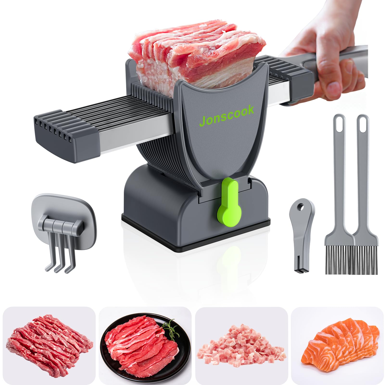 Jonscook fresh meat slicer base showing stable suction feet for precise cuts.
