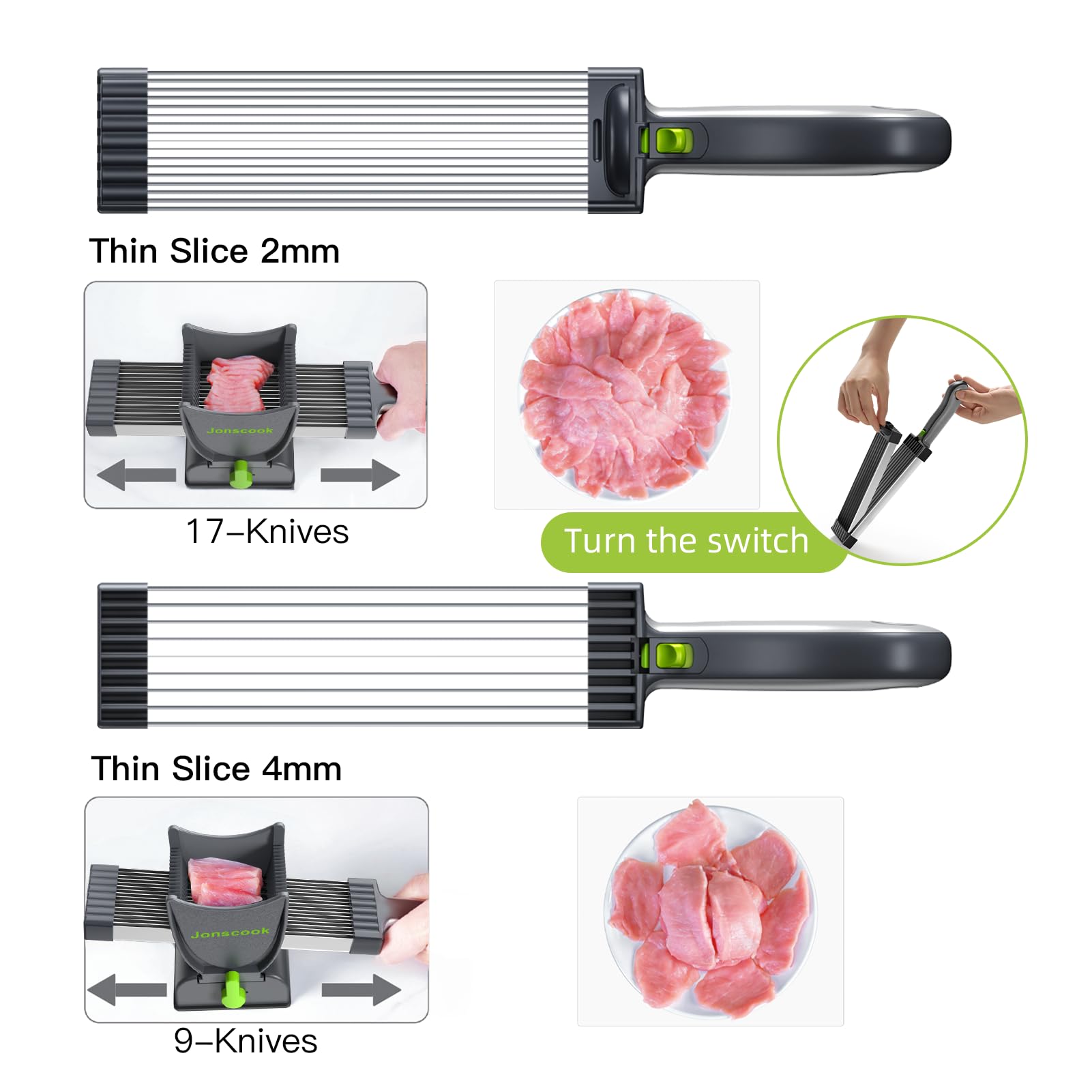 Jonscook fresh meat slicer food-grade container containing sliced meat and juices.