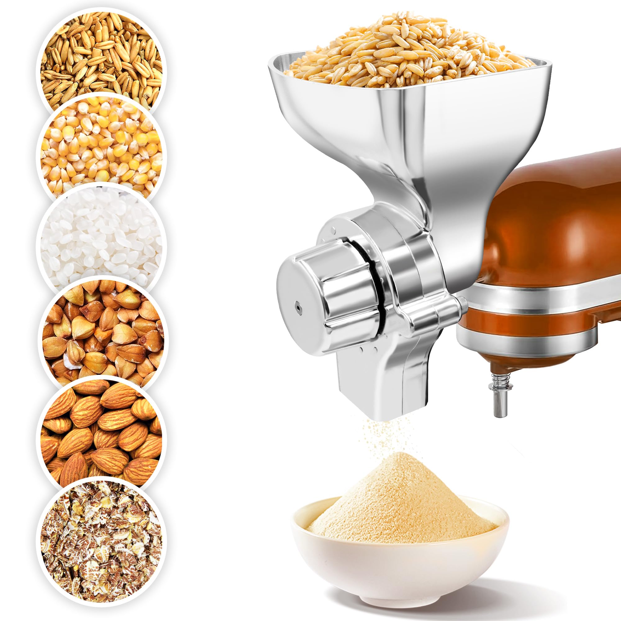 Jooke metal grain mill attachment connected to KitchenAid mixer for at-home flour grinding