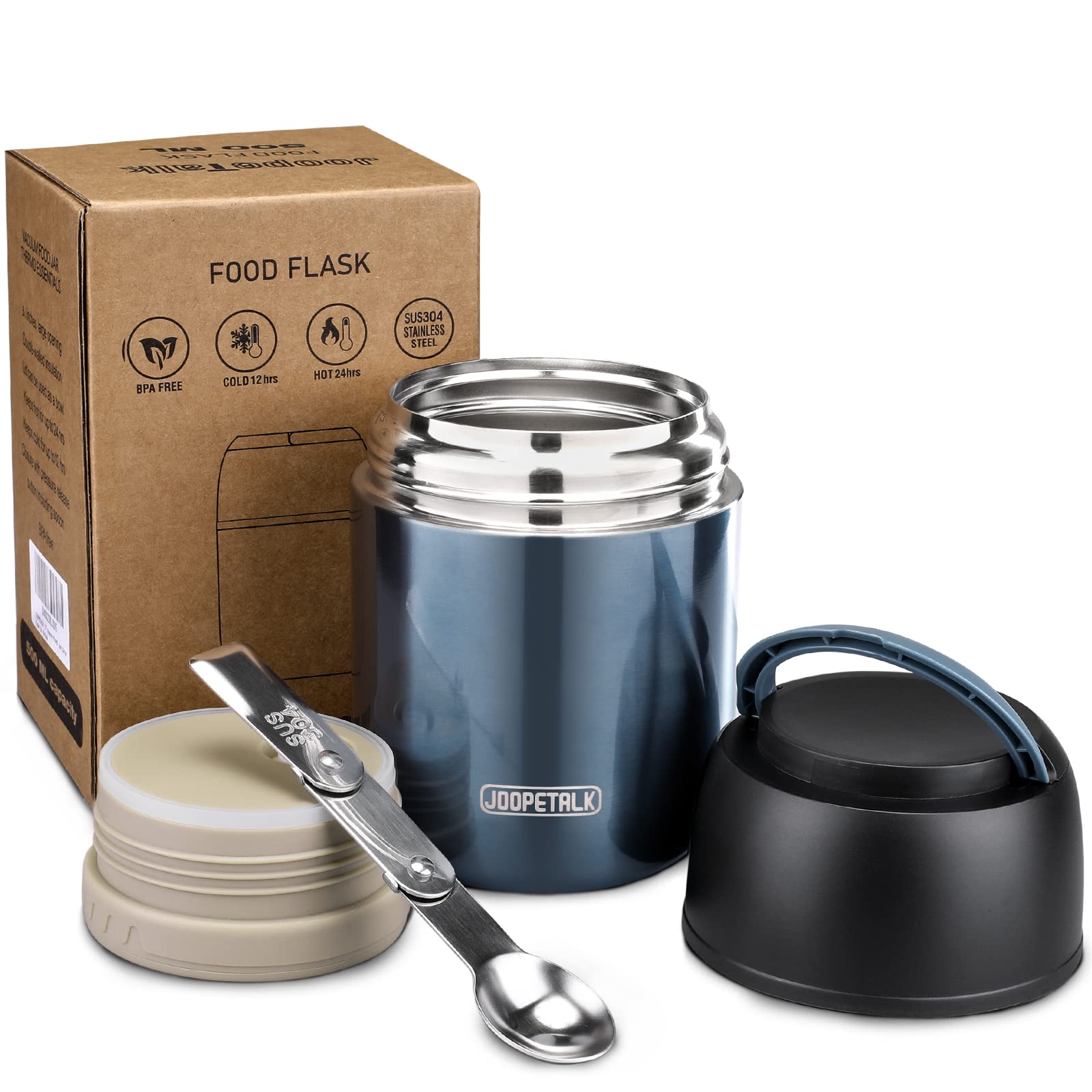 JOOPETALK 17 oz insulated lunch container blue side view shows easy-carry handle for school or office