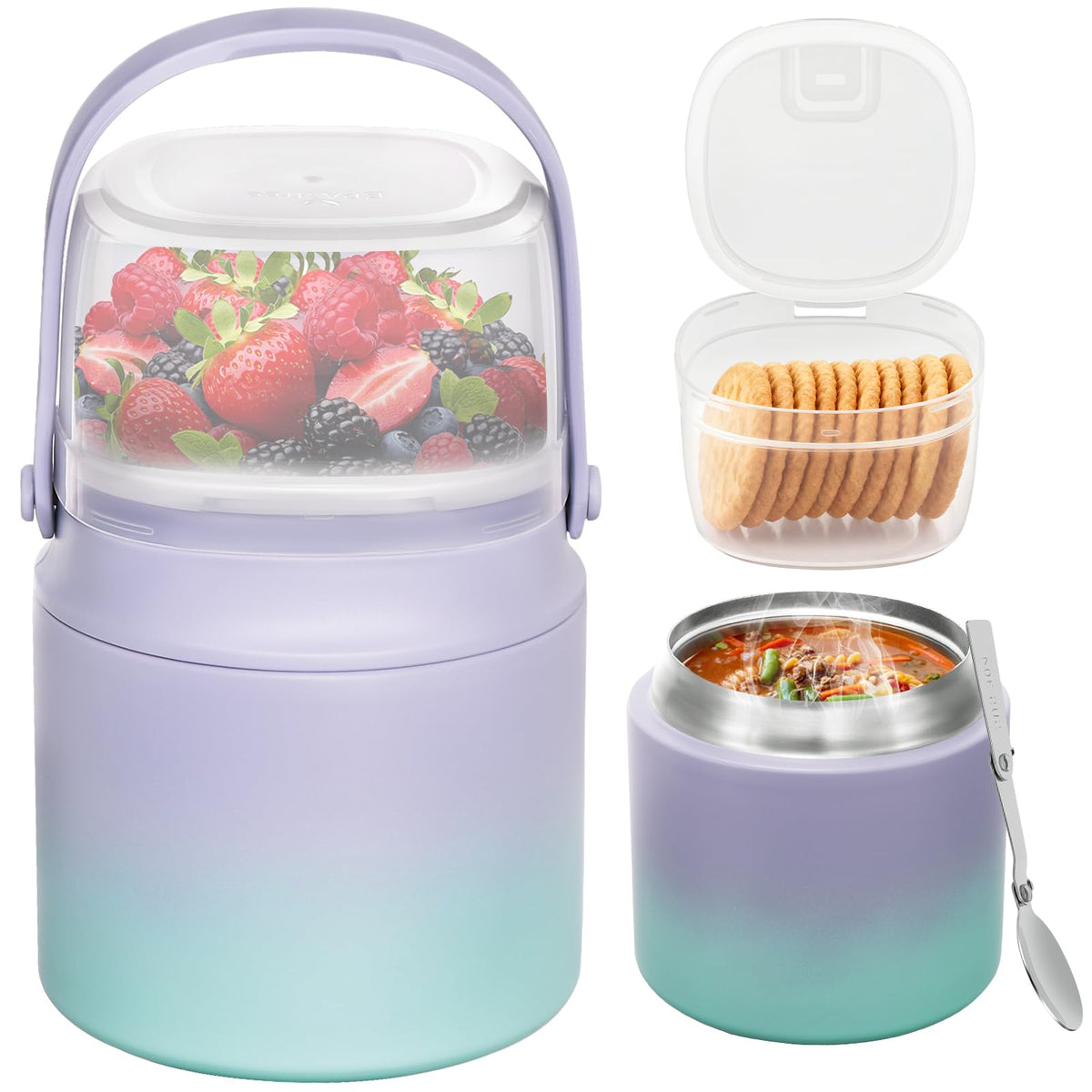 JOOPETALK 2-in-1 Soup Thermo 14oz shows a warm meal on the go in a sleek stainless steel jar.