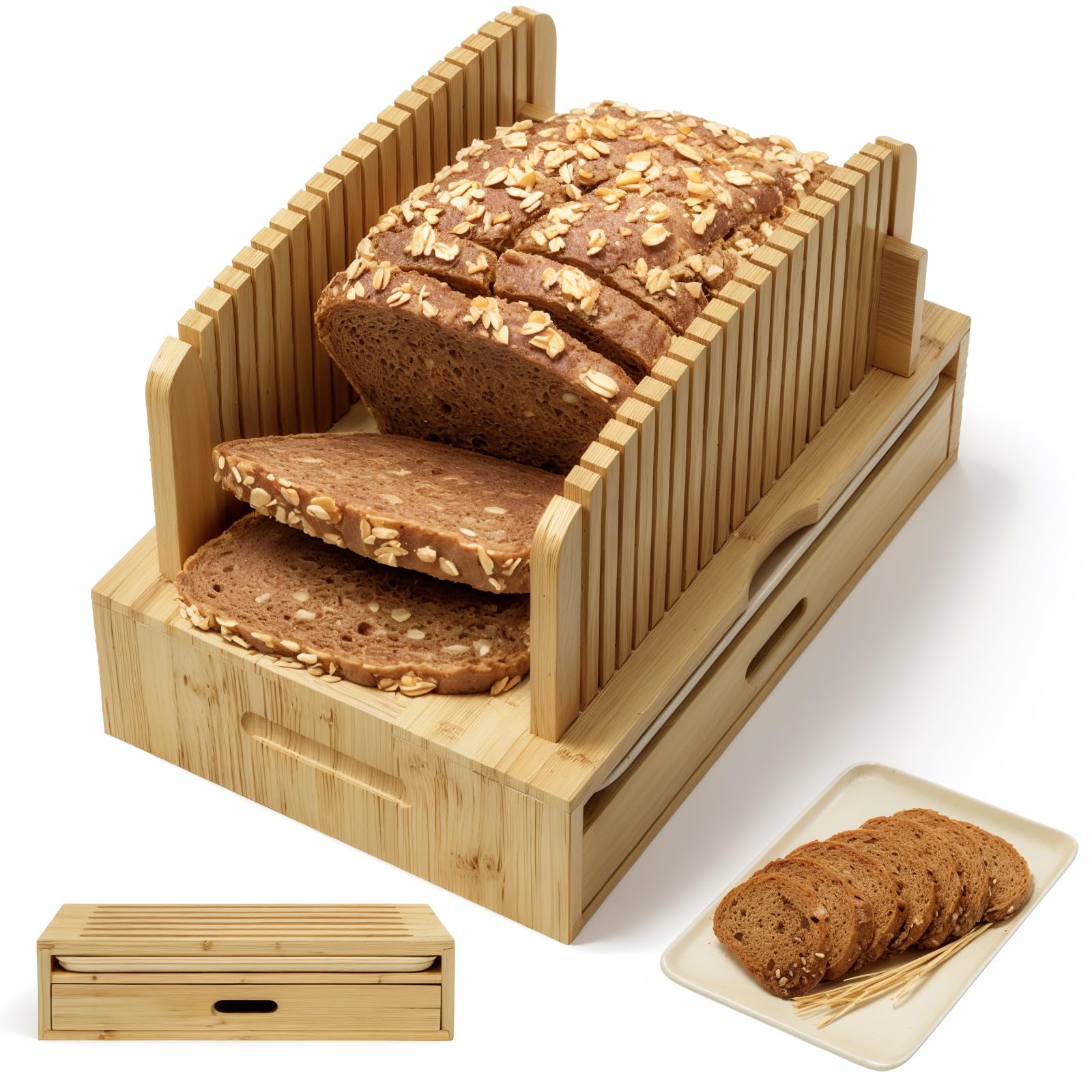 Joothlin bamboo bread slicer showing its compact design for easy counter storage.