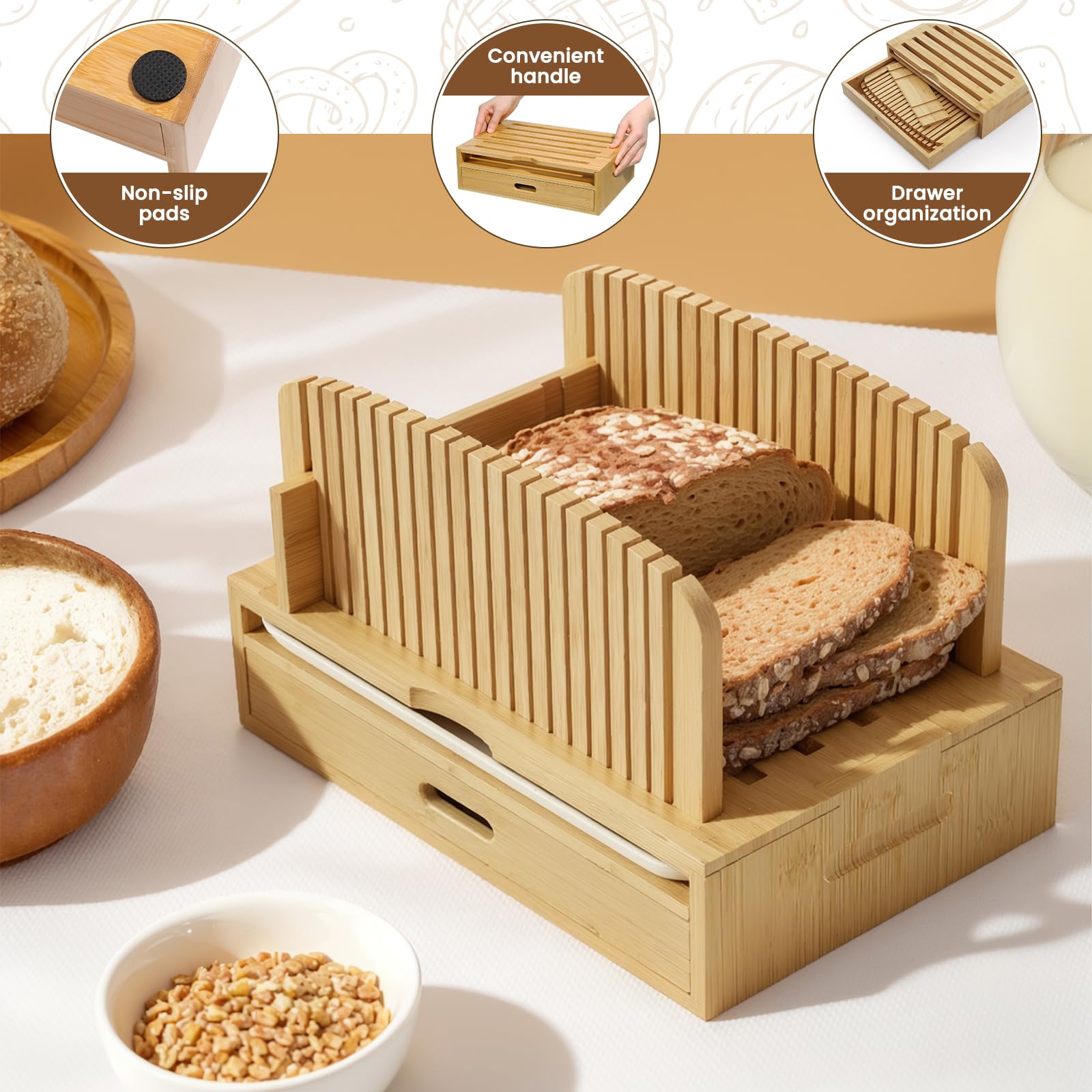 Joothlin bamboo slicer tray catches crumbs to keep counters clean.