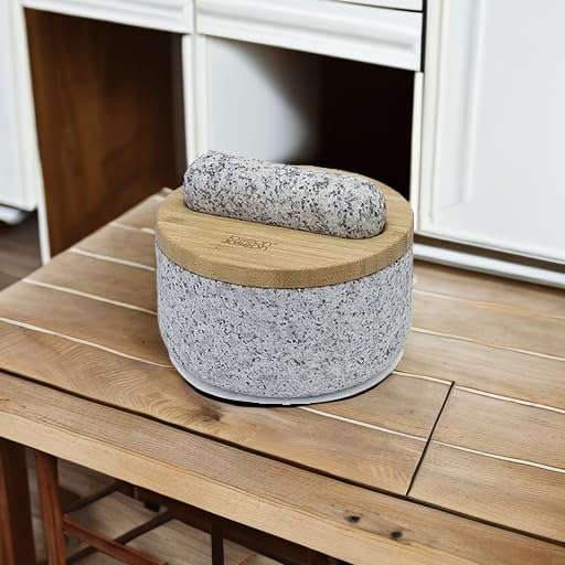 Joseph Joseph Dash mortar on counter ready for prep tasks like pesto.