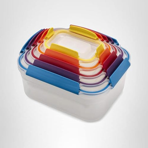 Joseph Joseph Nest Lock full set shown in stacked, compact storage display.