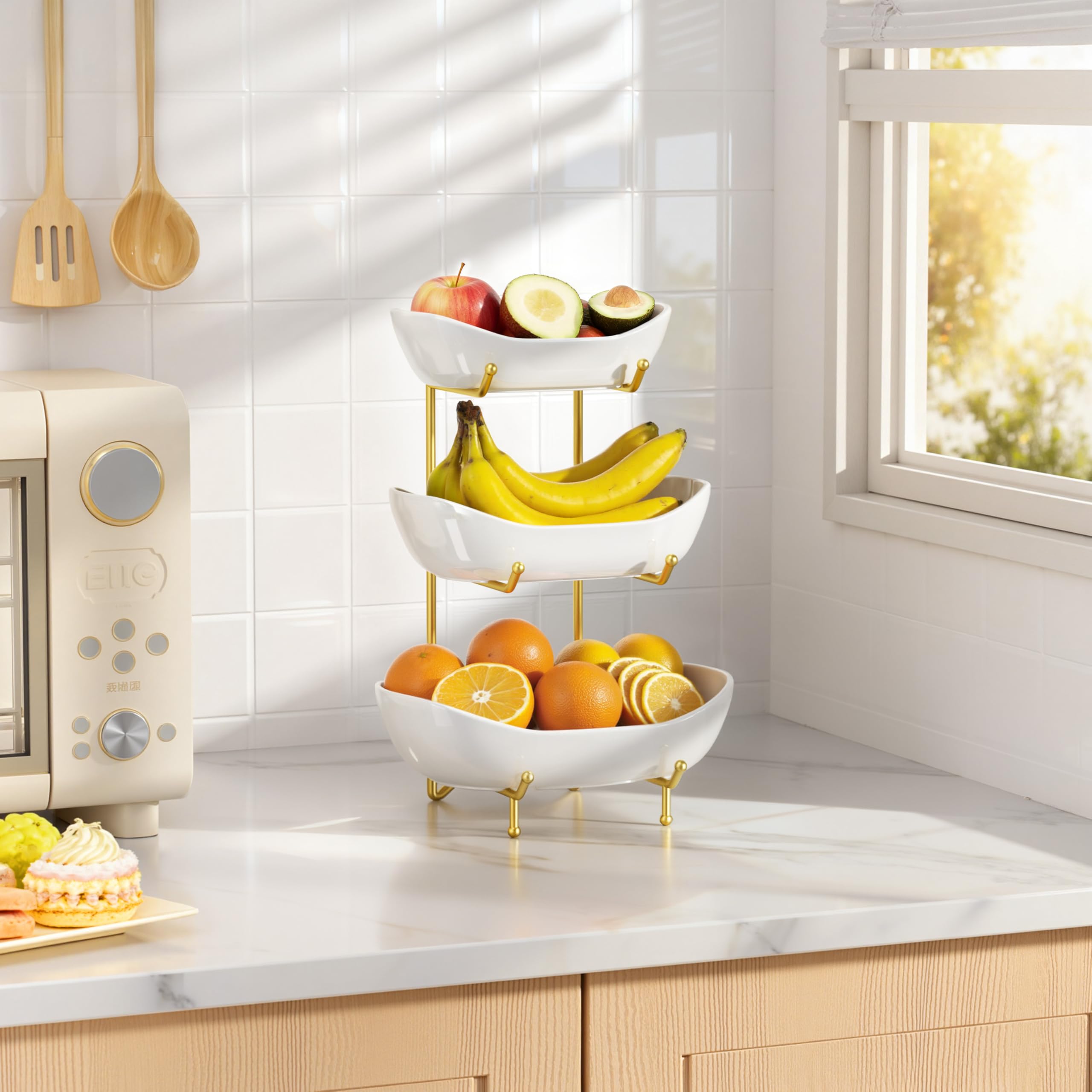 Josmimic gold metal stand supporting white ceramic bowls in a modern centerpiece.