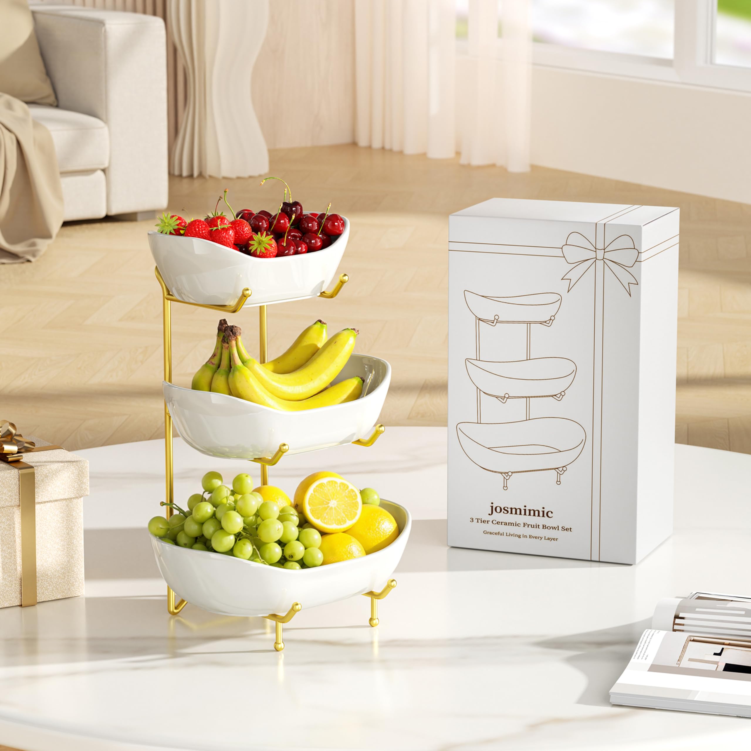 Josmimic modern kitchen design with white ceramic bowls and gold accents.