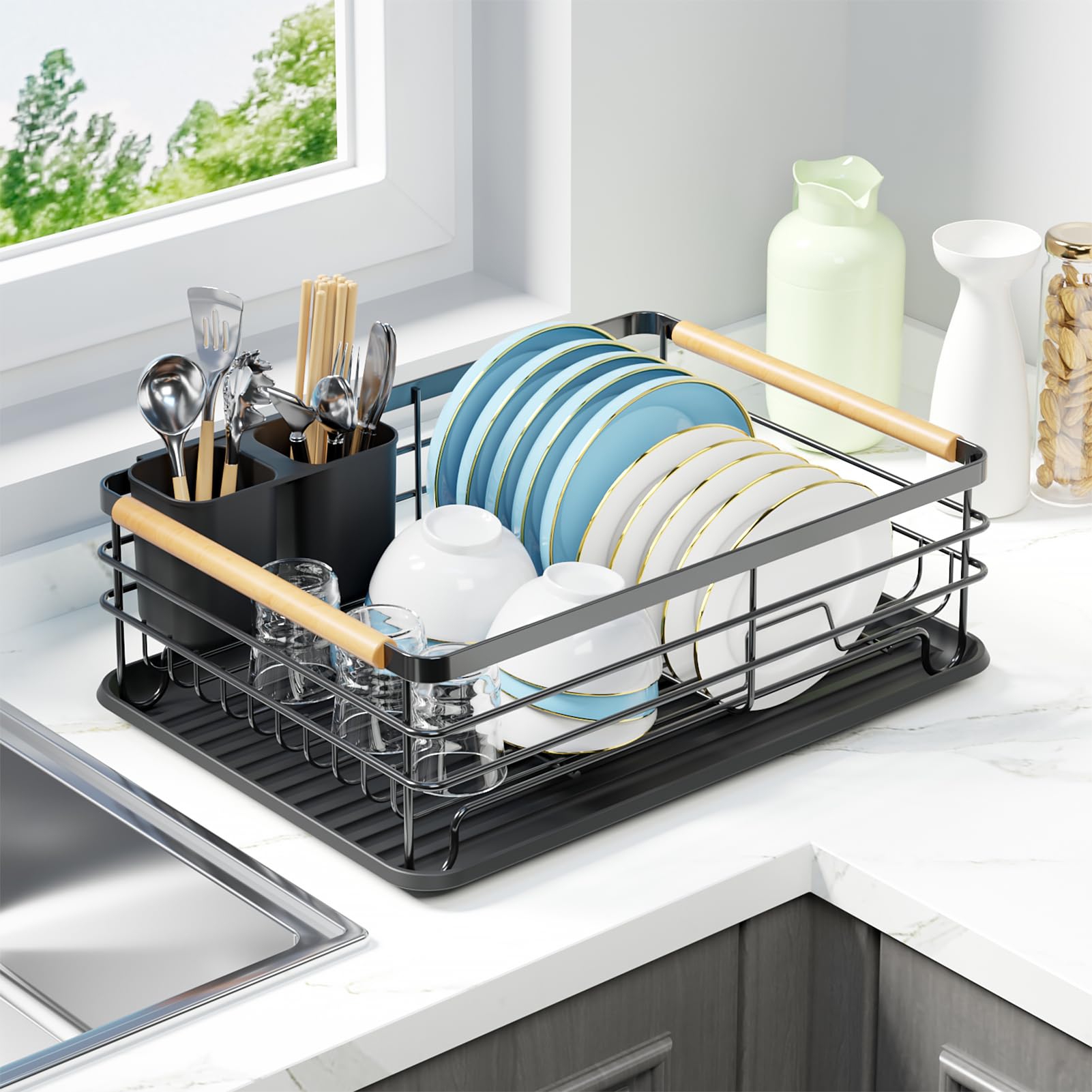 jouzevic dish rack with wooden handles for easy movement around a small kitchen.