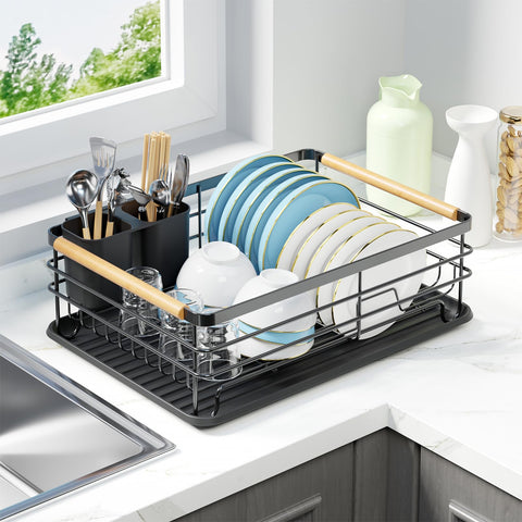 jouzevic dish rack with wooden handles for easy movement around a small kitchen.