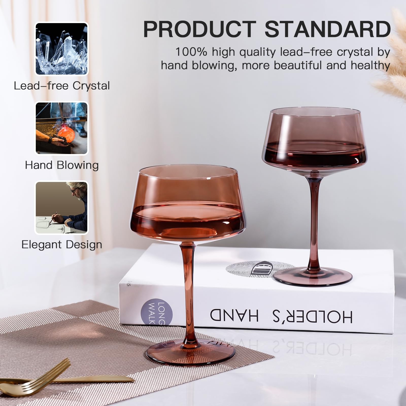 JOVGANK hand-blown martini glasses showing artisanal craftsmanship.