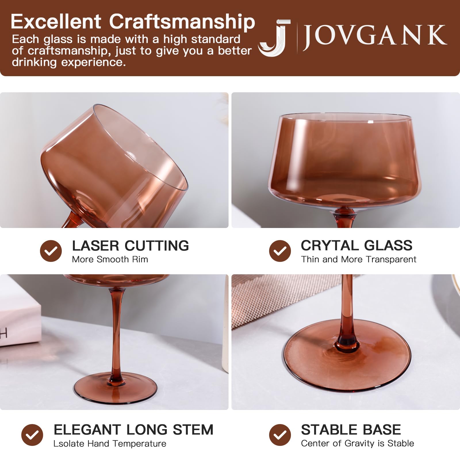 JOVGANK six-color coupe glasses arranged for a vibrant table setting.