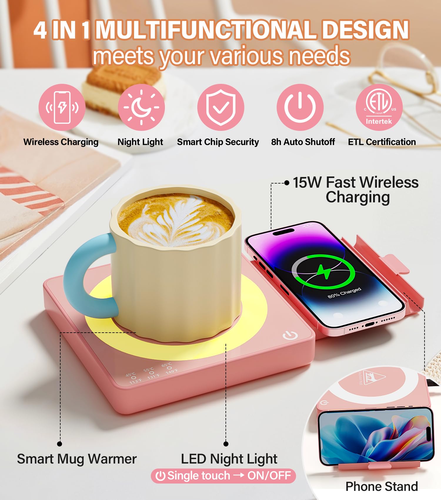 JOWHOL 15W wireless charging stand powers a phone while the mug remains warm