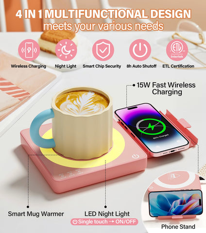 JOWHOL 15W wireless charging stand powers a phone while the mug remains warm