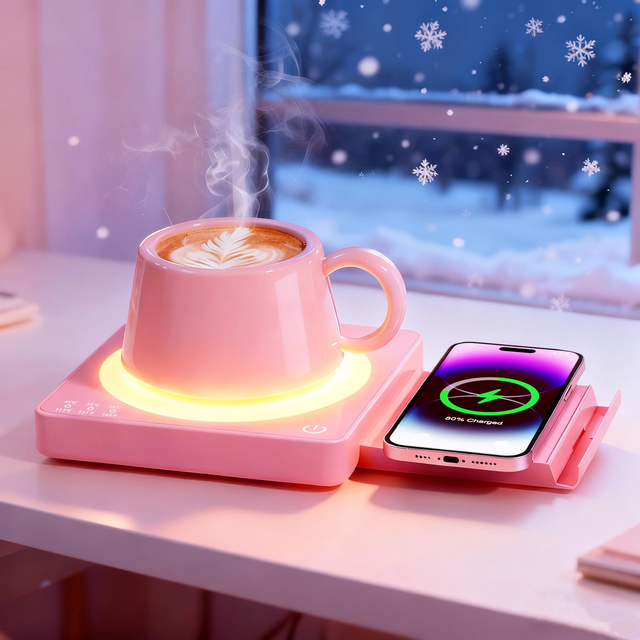 JOWHOL coffee mug warmer on a desk keeps beverages warm during work sessions