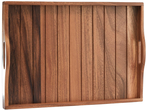 Joy&Grace acacia serving tray with handles on a coffee table showing its size and form