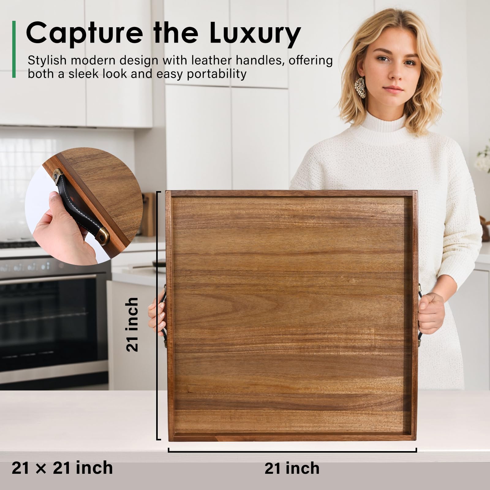 Joy&Grace acacia wood serving tray shows natural grain, ideal for coffee tables.