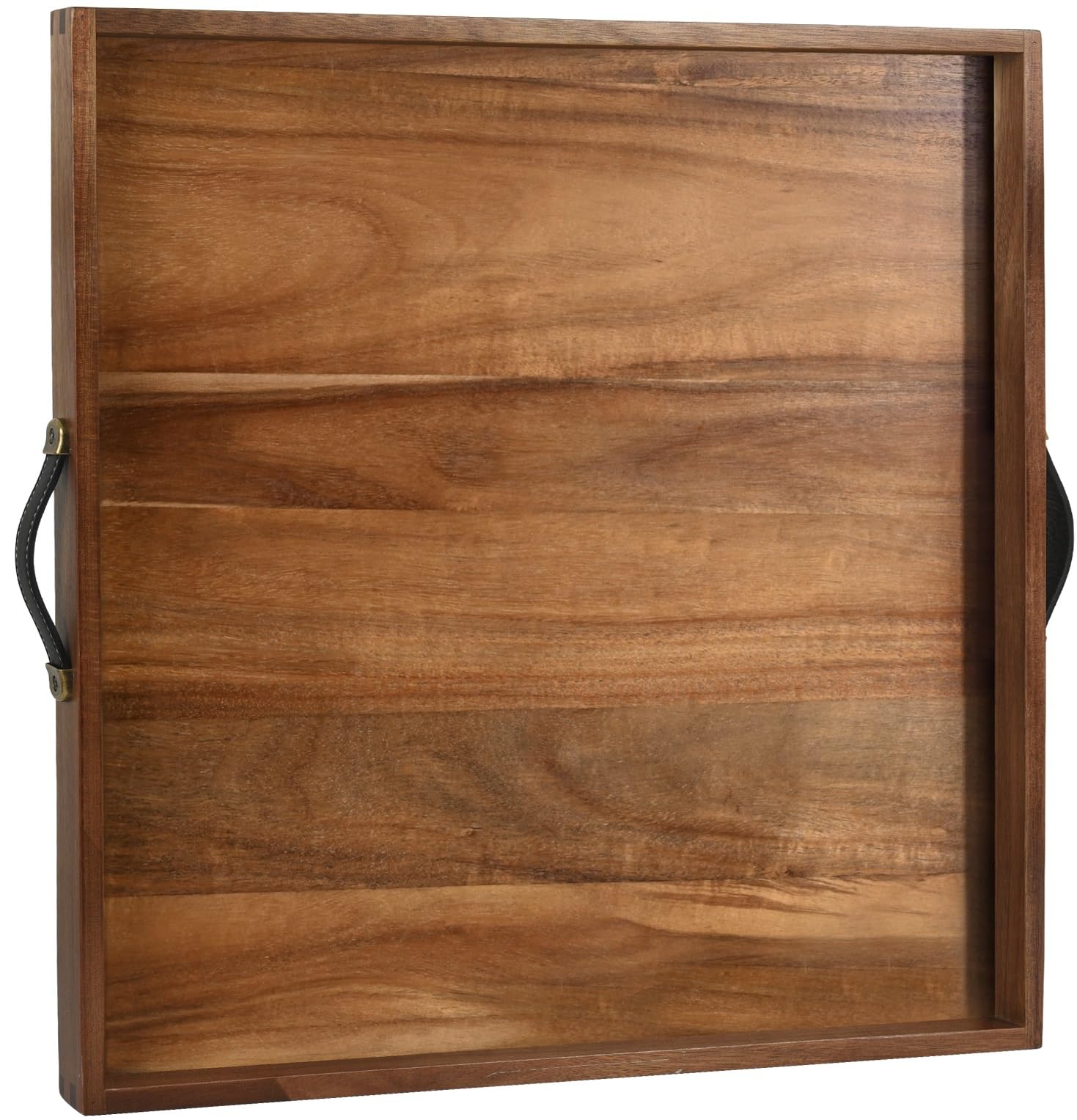 Joy&Grace extra-large ottoman tray with acacia wood and leather handles for serving drinks.