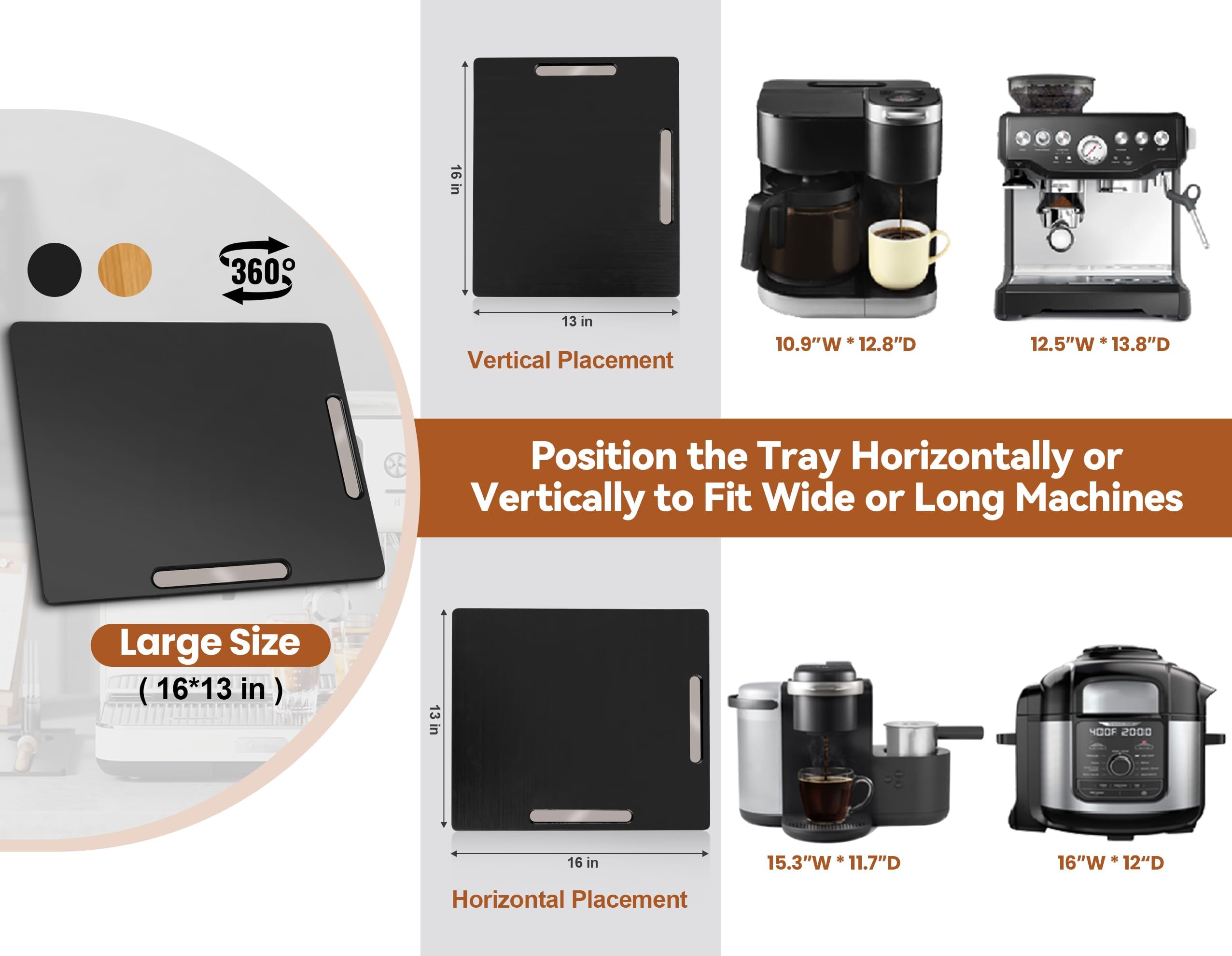 Joy&Grace large sliding tray (16x13) fits big coffee makers securely.