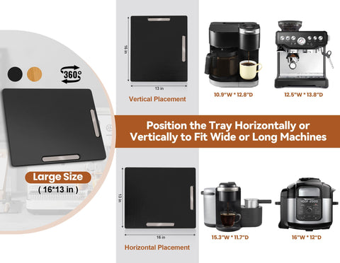 Joy&Grace large sliding tray (16x13) fits big coffee makers securely.