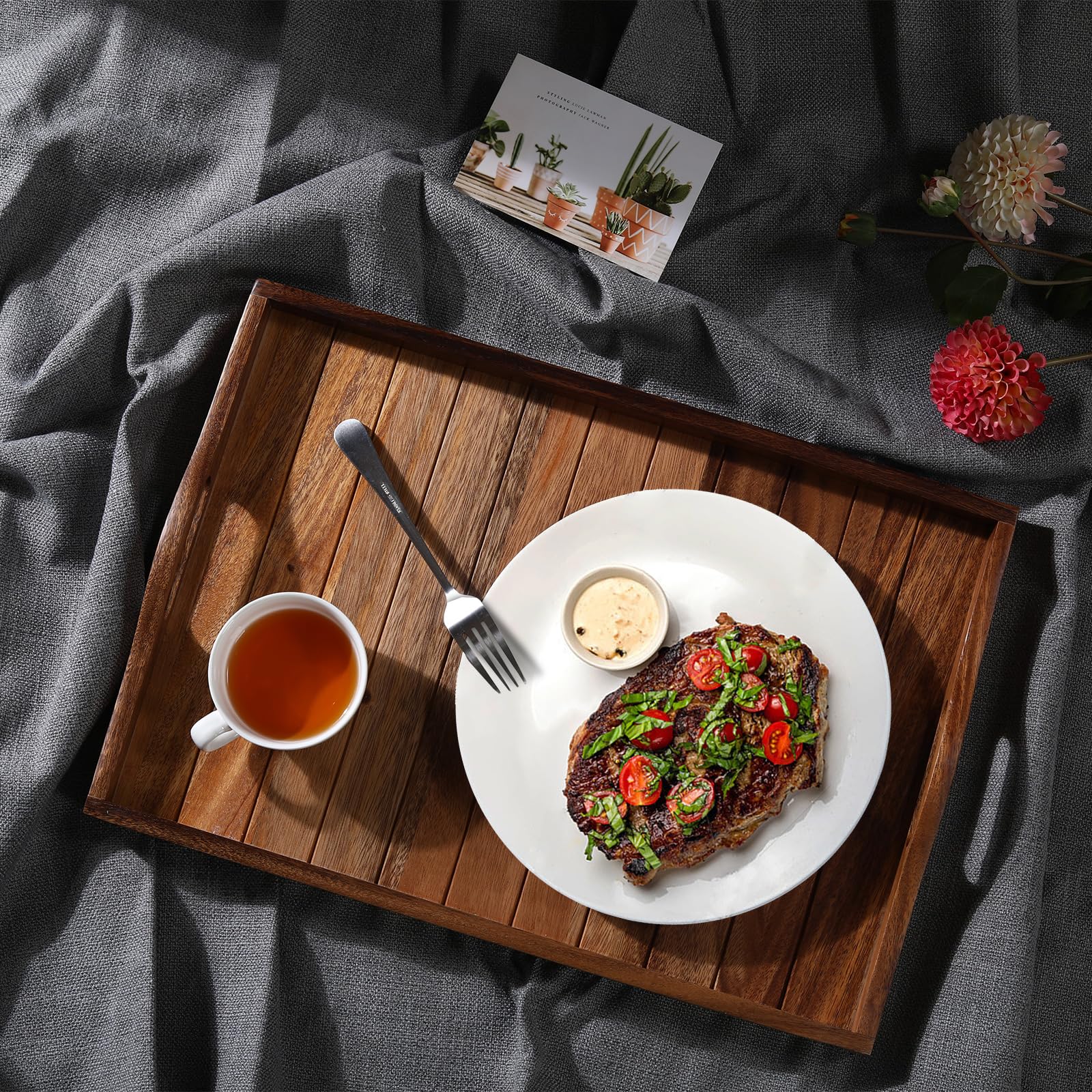 Joy&Grace natural acacia wood grain tray highlighting texture and warmth