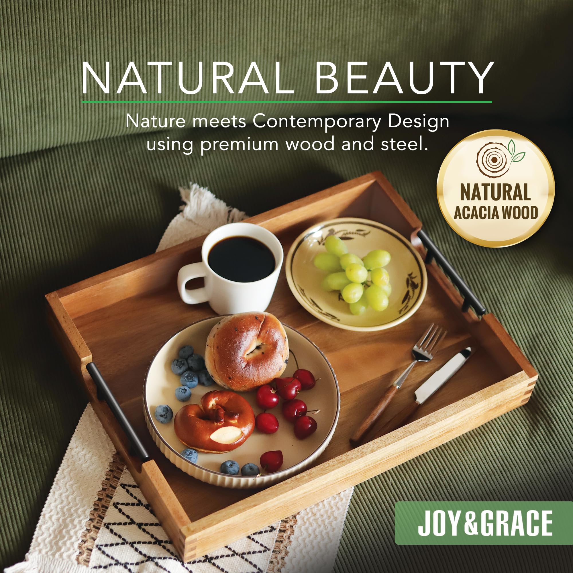 Joy&Grace tray with handles, easy to carry from sofa to table.