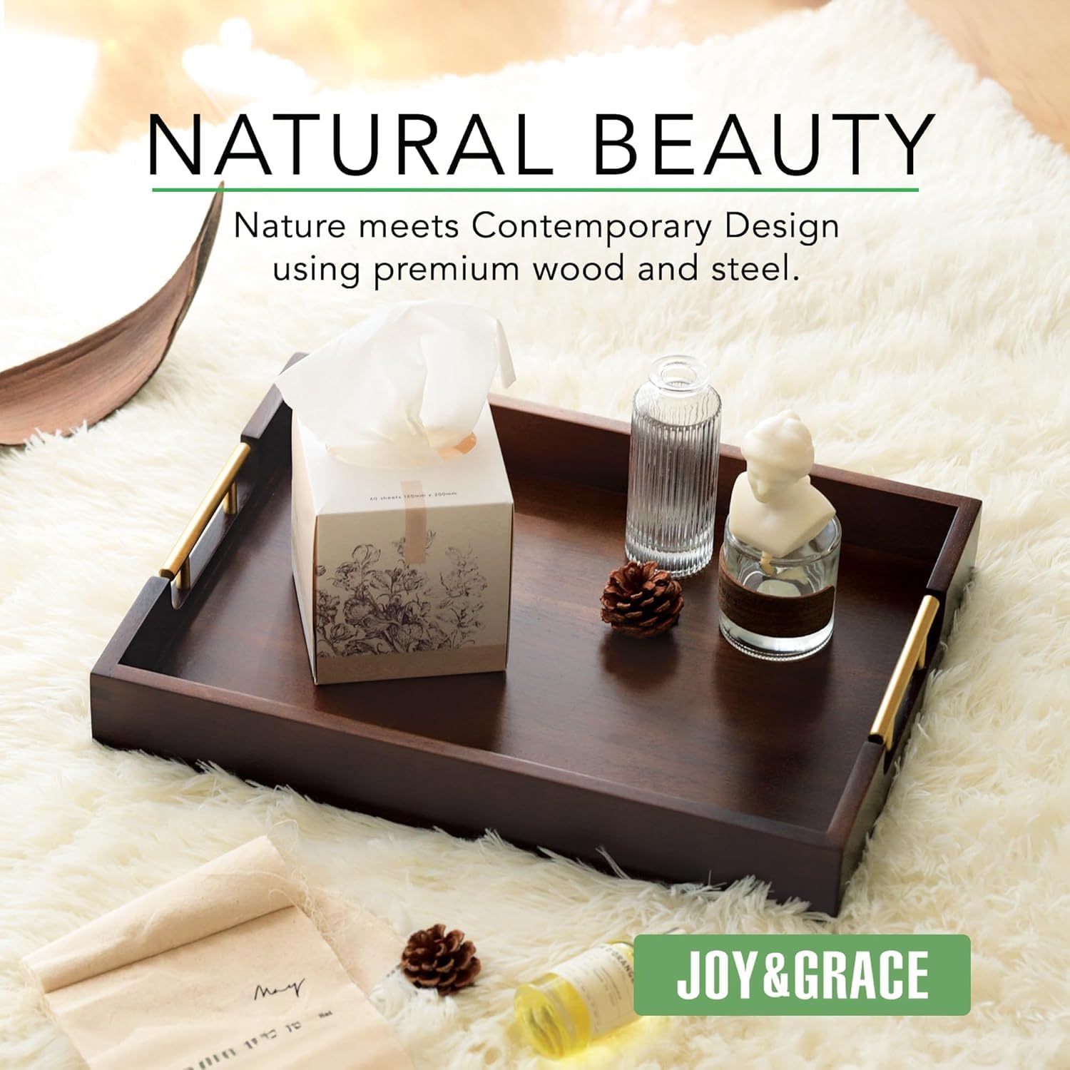 Joy&Grace ottoman tray with polished edges demonstrates craftsmanship and furniture-friendly design