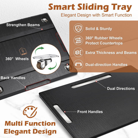 Joy&Grace sliding tray shown in horizontal and vertical orientations for versatile use.