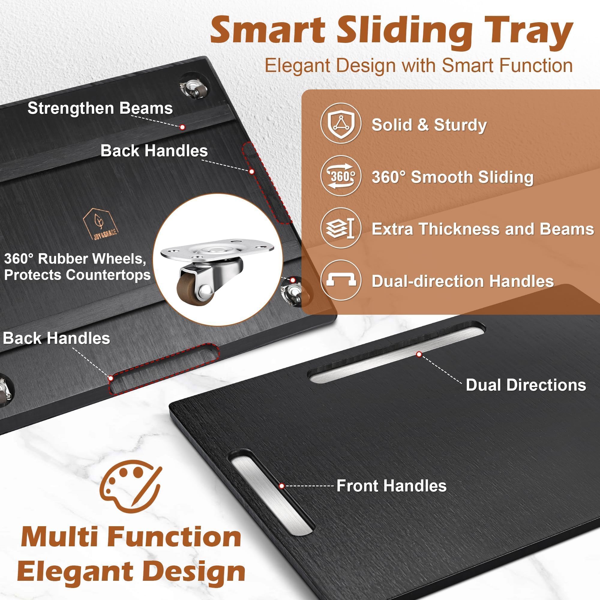 Joy&Grace sliding tray enables easy movement on marble or wood countertops.