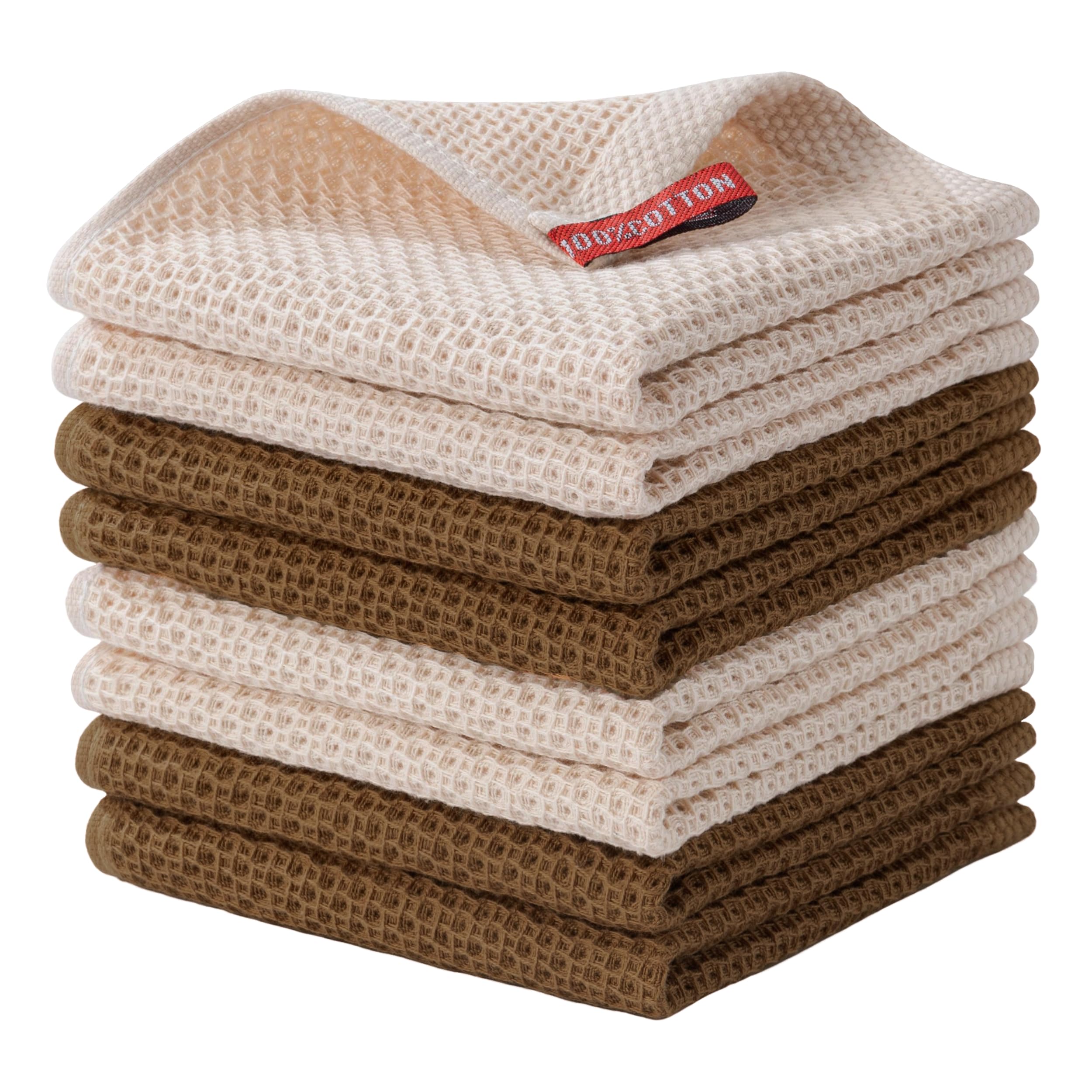 Joybest cotton dish cloths in beige and brown 8-pack with waffle weave for everyday chores.