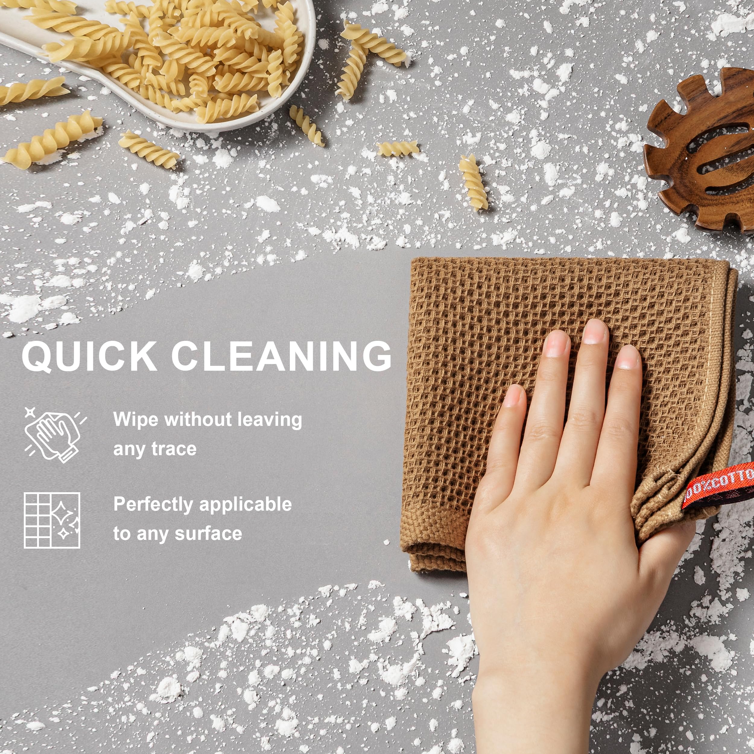 Joybest waffle weave towels absorb liquids quickly for scrubbing and drying.