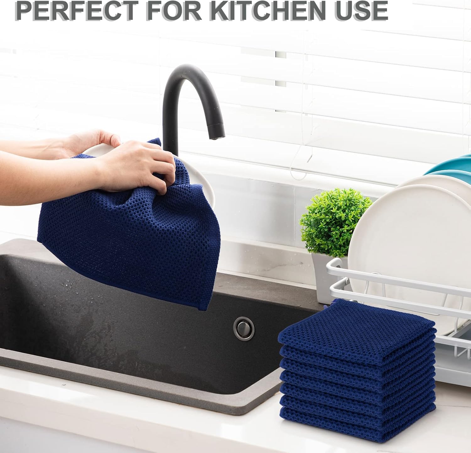 Joybest eight-pack kitchen towels in navy, a simple storage solution for any kitchen.