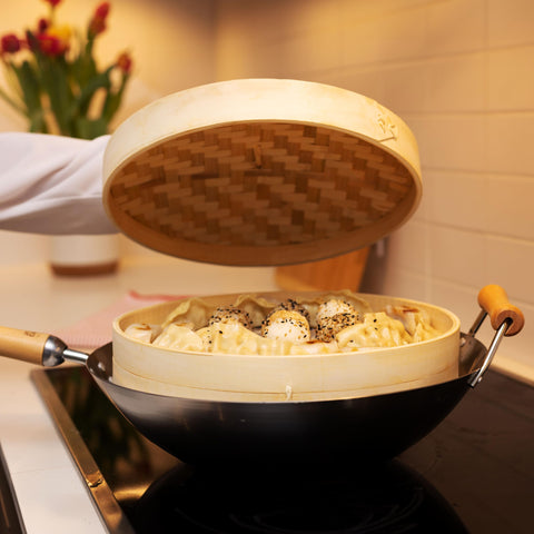Joyce Chen 2-Tier Bamboo Steamer 10-Inch, bamboo texture close-up highlights natural material.