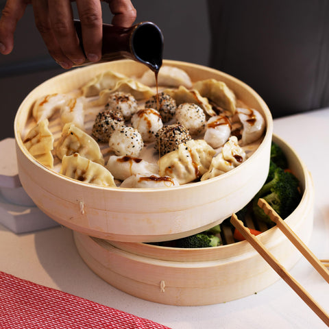 Joyce Chen 2-Tier Bamboo Steamer 10-Inch, dimensions show compact fit for 10-inch pans.