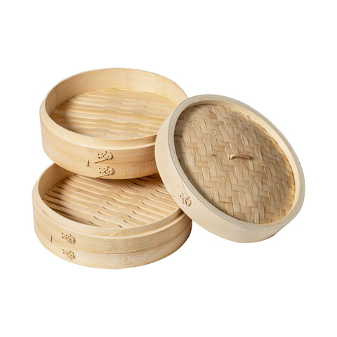 Joyce Chen 2-Tier Bamboo Steamer 10-Inch, in-pan-water setup for quick, even steaming.