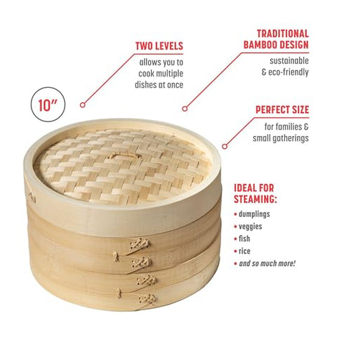 Joyce Chen 2-Tier Bamboo Steamer 10-Inch, stacked-dishes view, supports cooking multiple items at once.