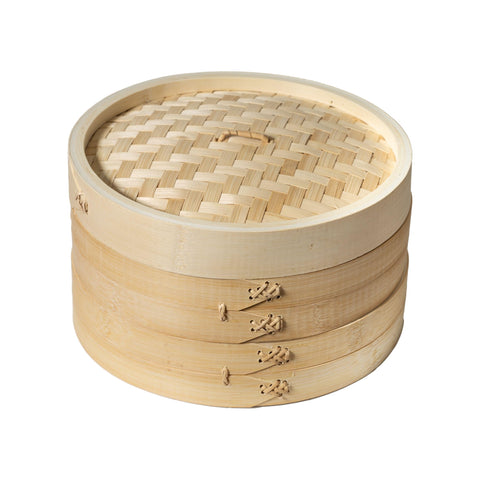 Joyce Chen 2-Tier Bamboo Steamer 10-Inch top view, ideal for restaurant-style dumplings at home.