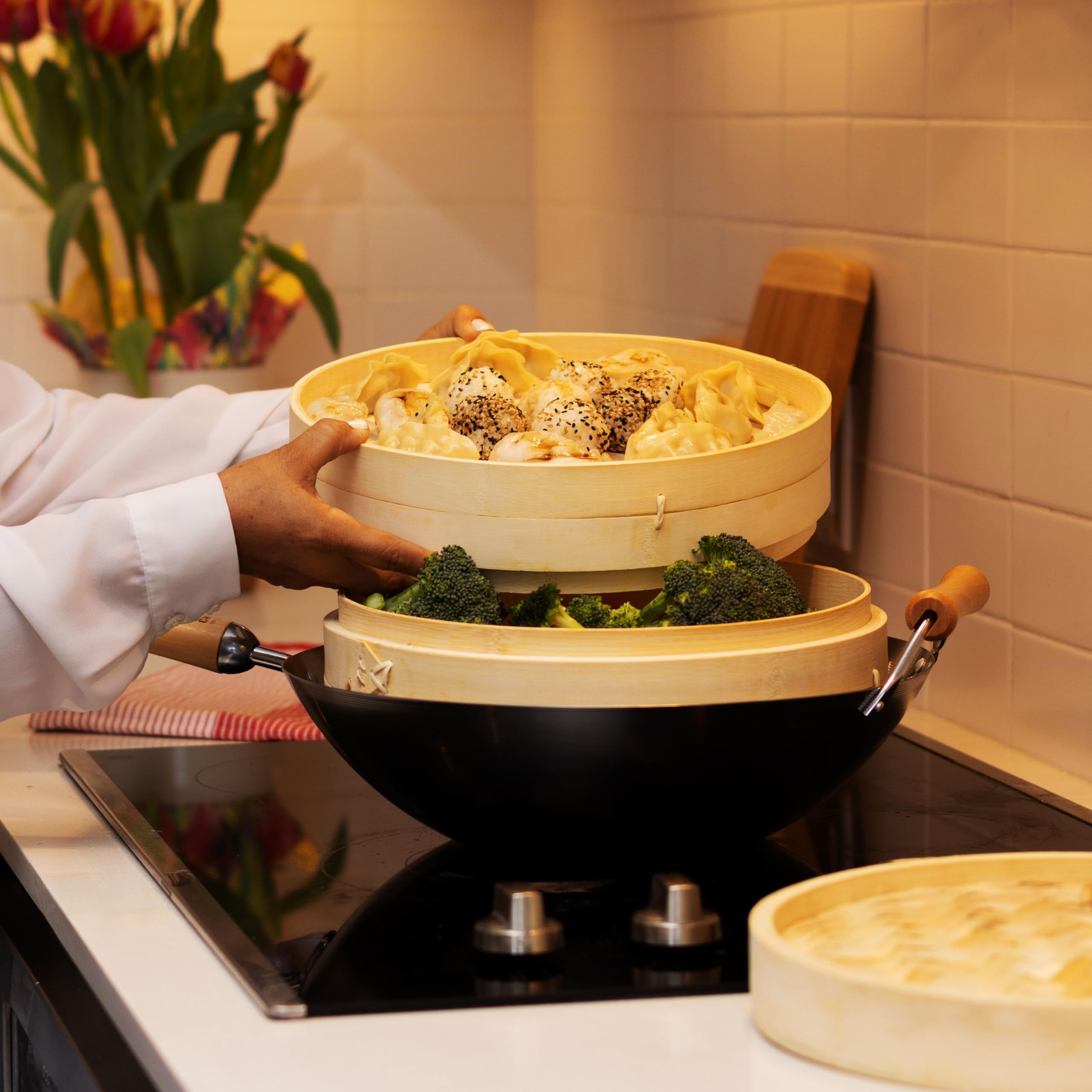Joyce Chen 2-Tier Bamboo Steamer 10-Inch, vegetables steaming to retain bite and color.