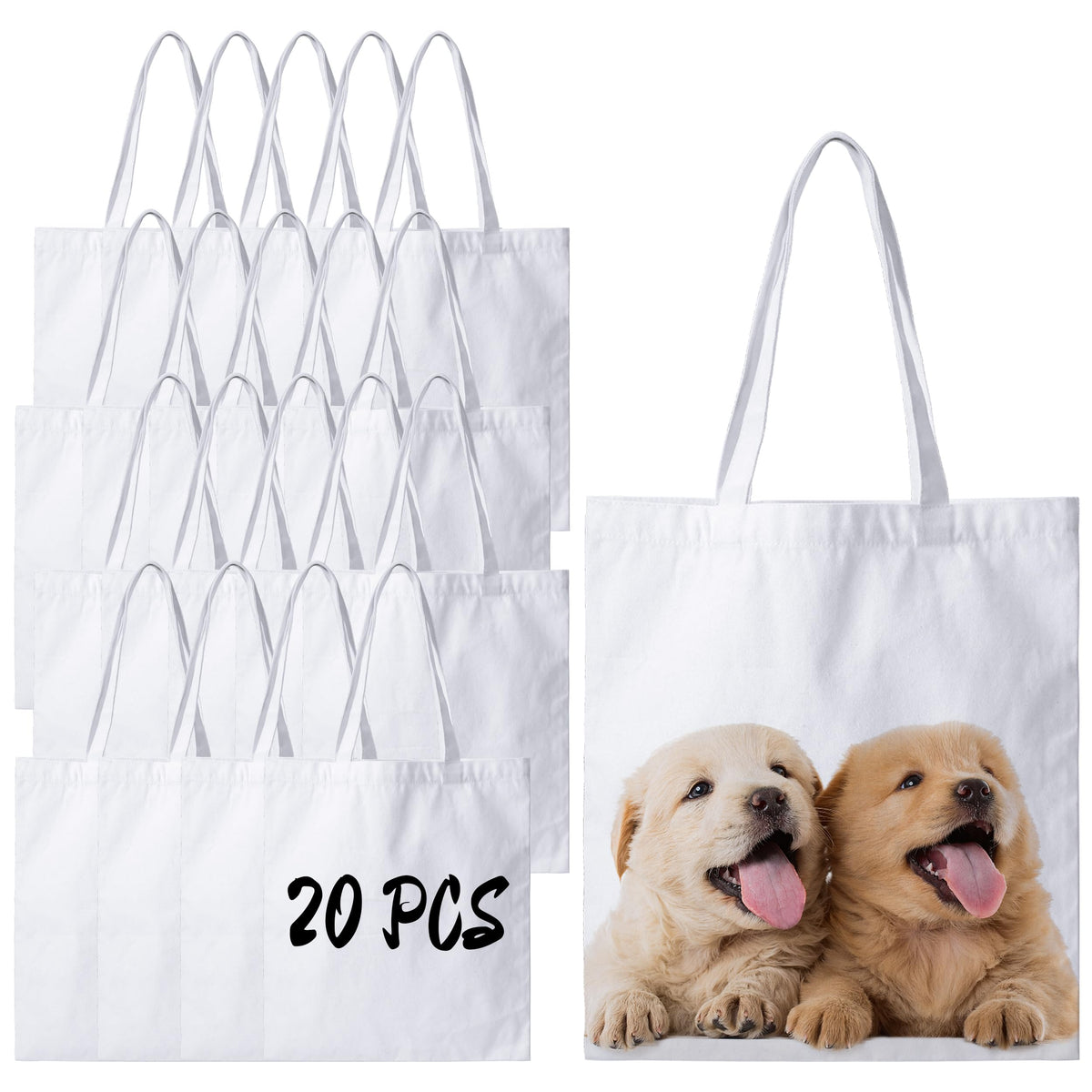 Joyclub 20-pack canvas tote front view shows durable sublimation-ready surface.