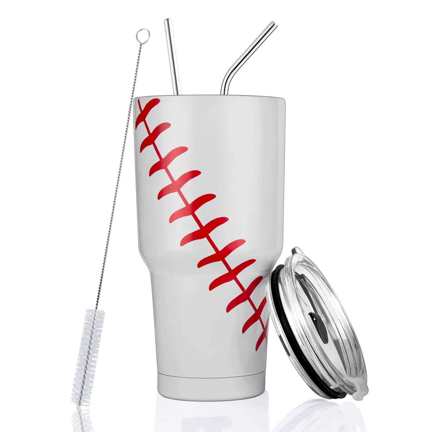 Joyclub 30oz tumbler with baseball design, sturdy stainless steel keeps drinks at temperature.