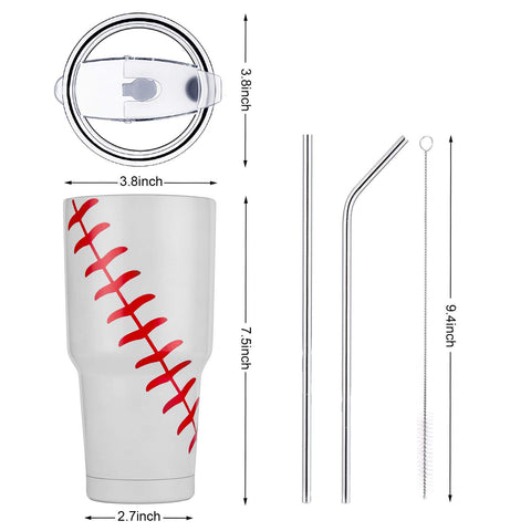Joyclub 30oz tumbler baseball side view, durable stainless steel profile for on-the-go use.