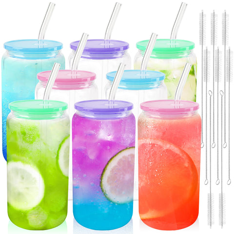 Joyclub 8pc glass cups with acrylic lids in can-shaped design for lively gatherings.