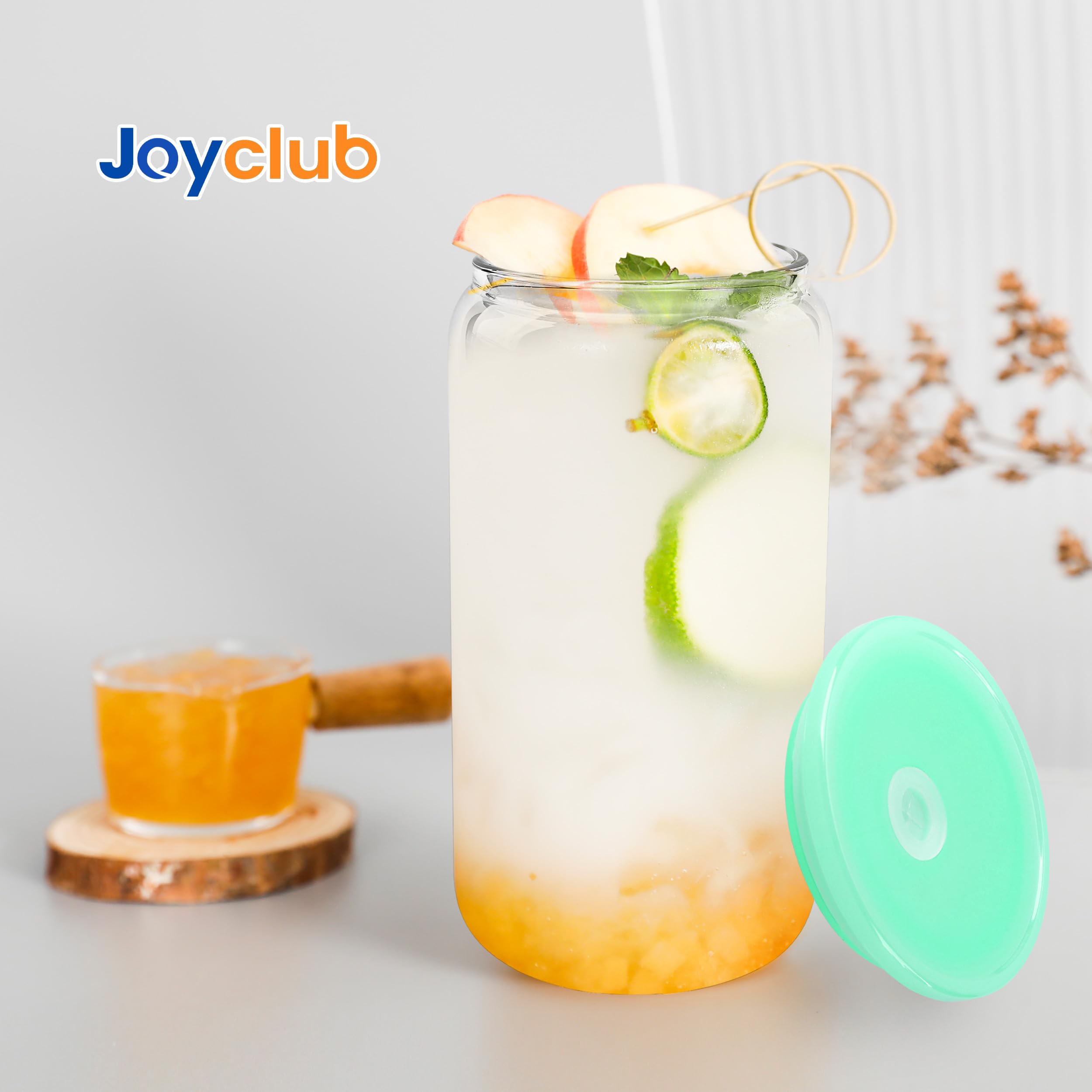 Joyclub 8pc glass cups showcase drink colors through clear glass with colorful lids.