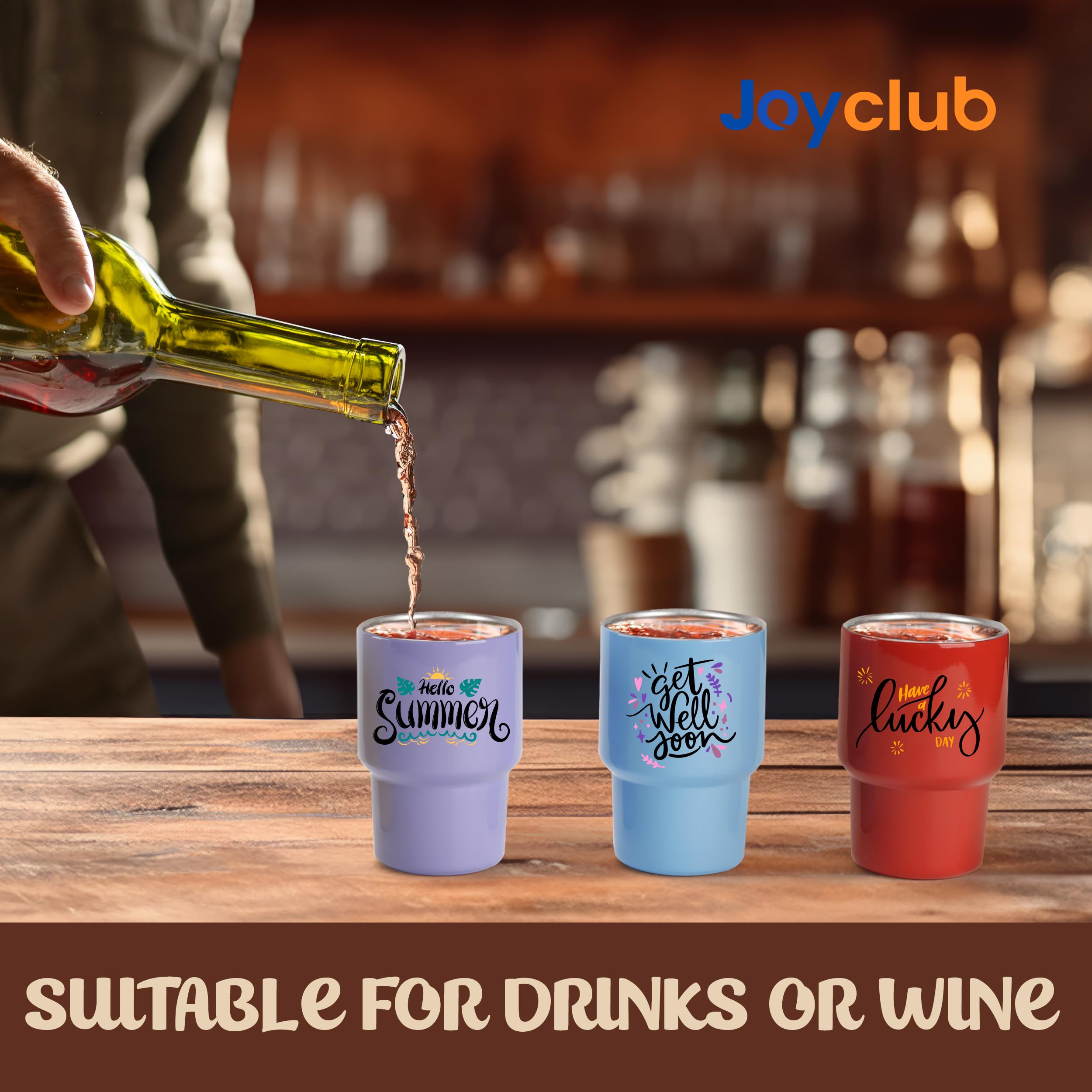 Joyclub stackable 3 oz tumbler design saves cabinet space and simplifies storage.